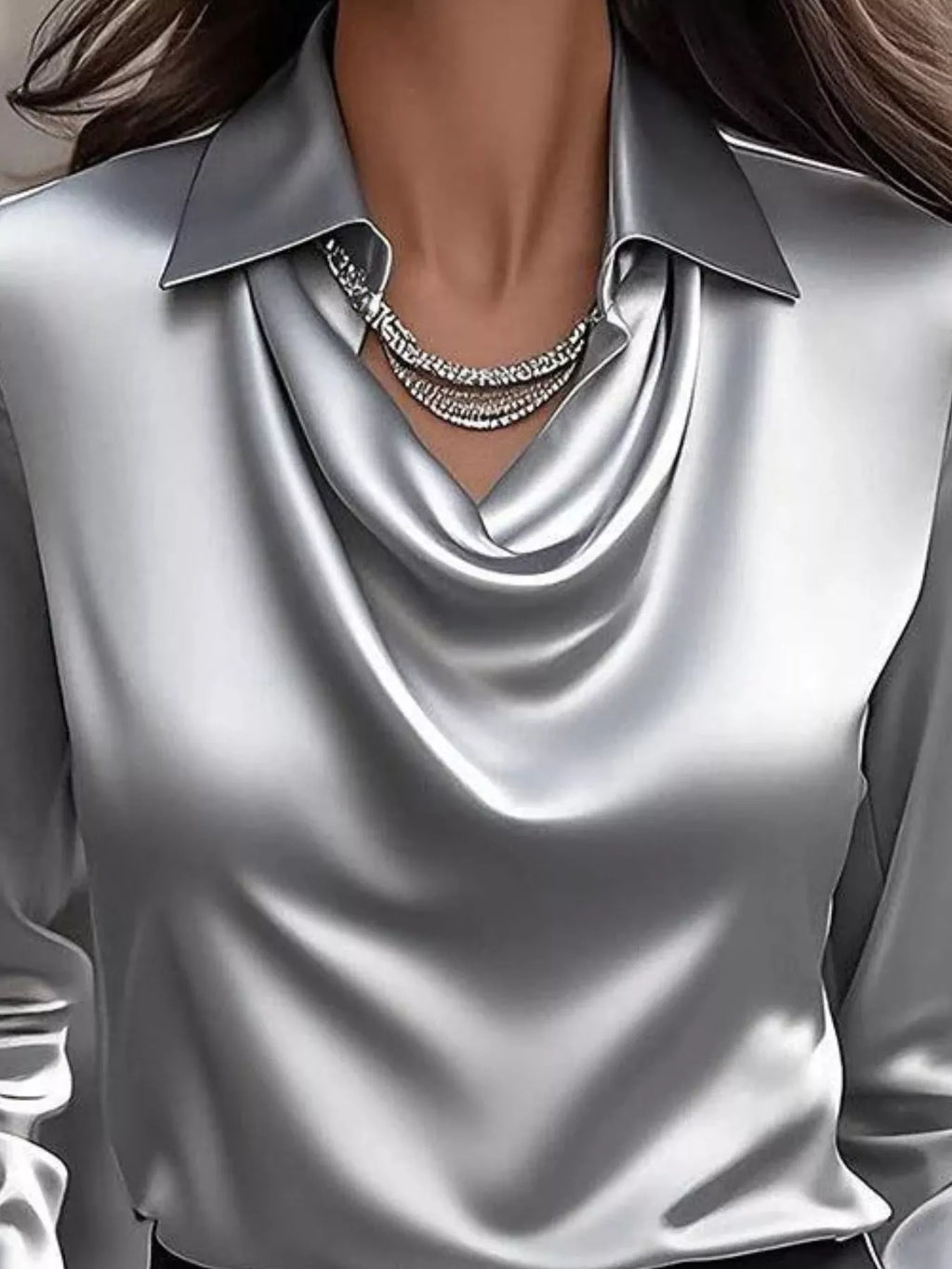 Ruched Long Sleeve Drape Collar Blouse (5)