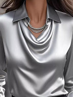 Ruched Long Sleeve Drape Collar Blouse (5)