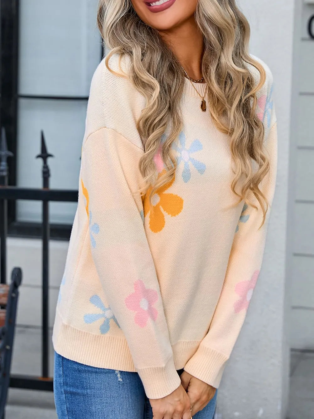 Flower Round Neck Dropped Shoulder Sweater (8)