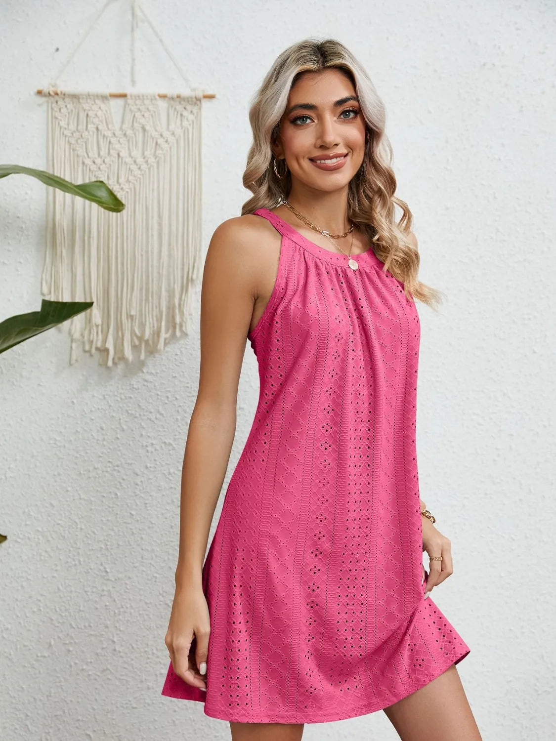 Eyelet Round Neck Sleeveless Dress (4)