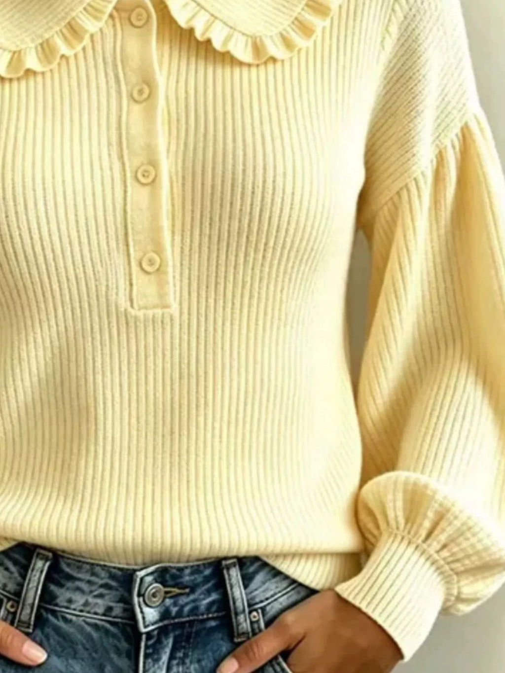 Full Size Ruffle Collar Button Detail Sweater Plus (6)