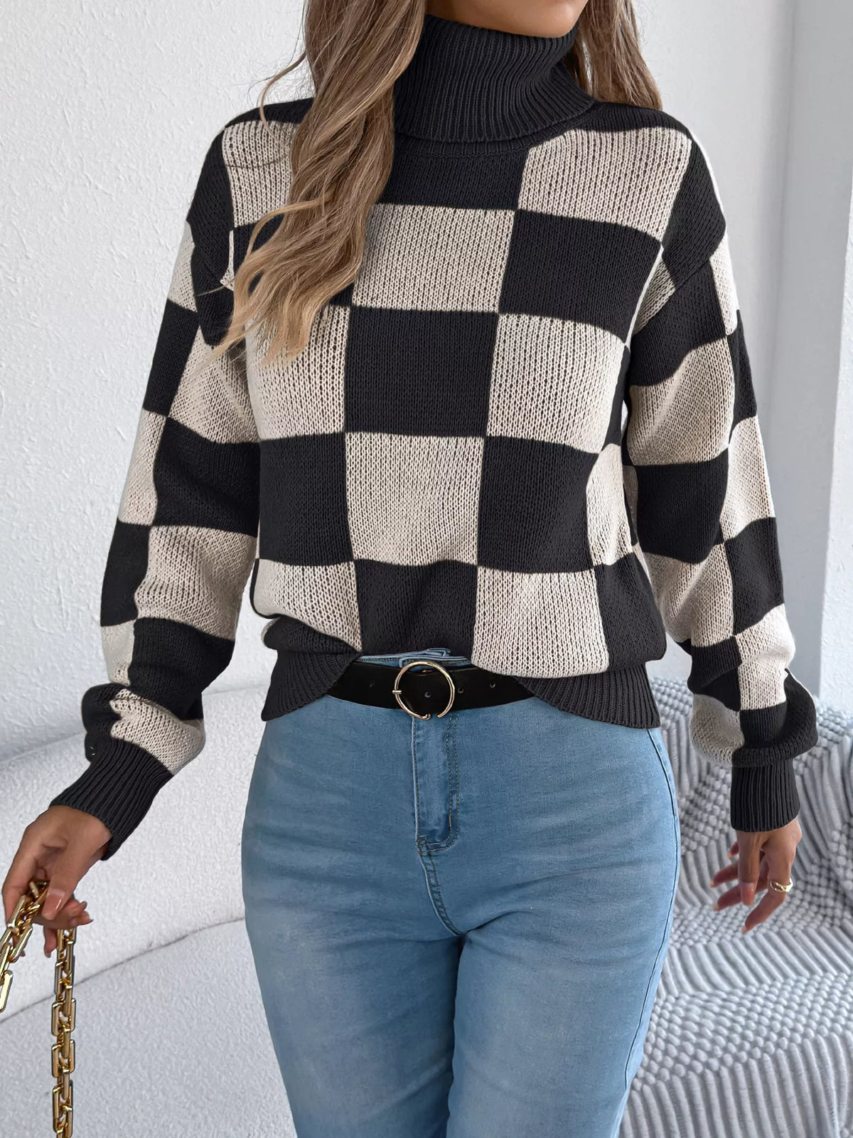 Checkered Turtleneck Long Sleeve Sweater (11)
