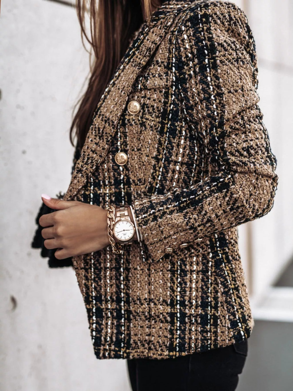 Full Size Plaid Tweed Double-breasted Blazer Plus (11)