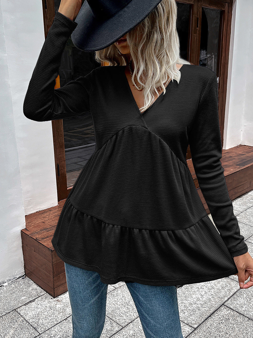 Waffle-knit V-neck Long Sleeve Blouse (8)
