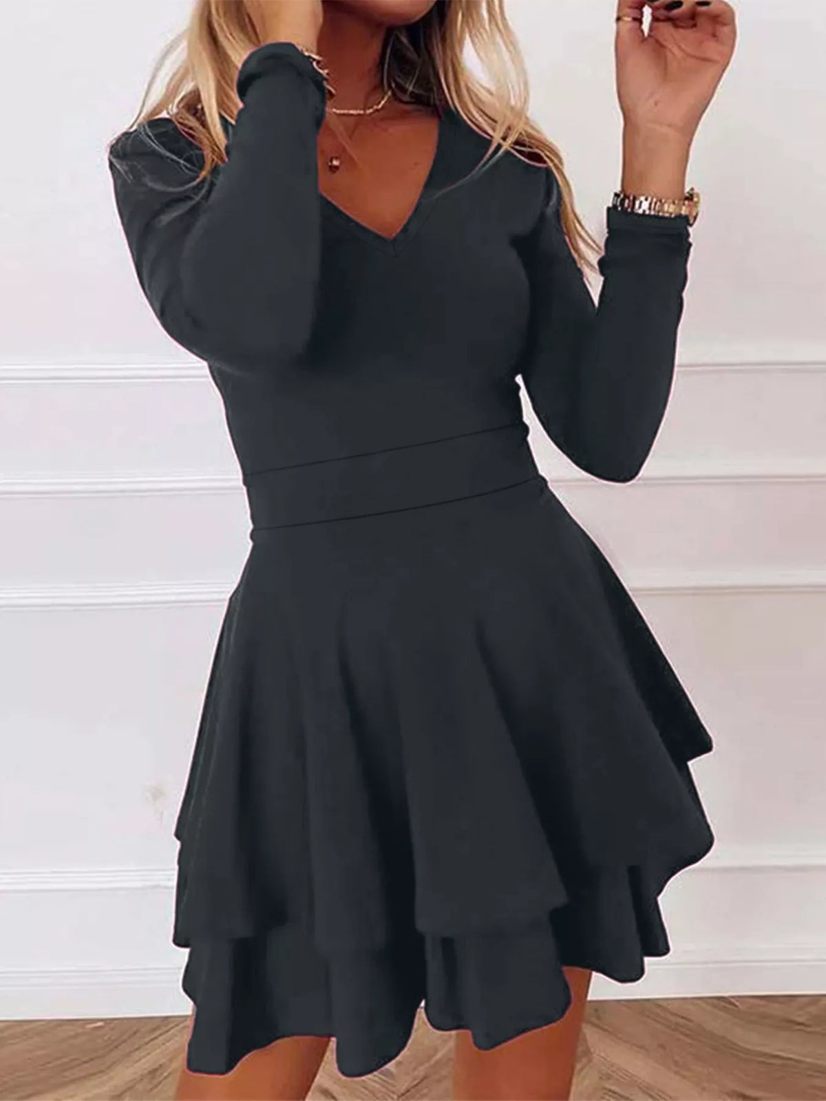 V-neck Layered Ruffle Mini Dress (3)