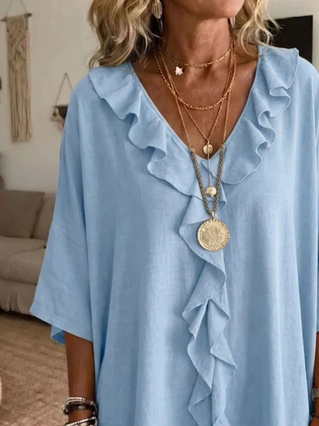 Full Size Ruffle V-neck 3/4 Sleeve Blouse Plus (6)