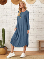Pocketed Round Neck Long Sleeve Tee Dress (17)