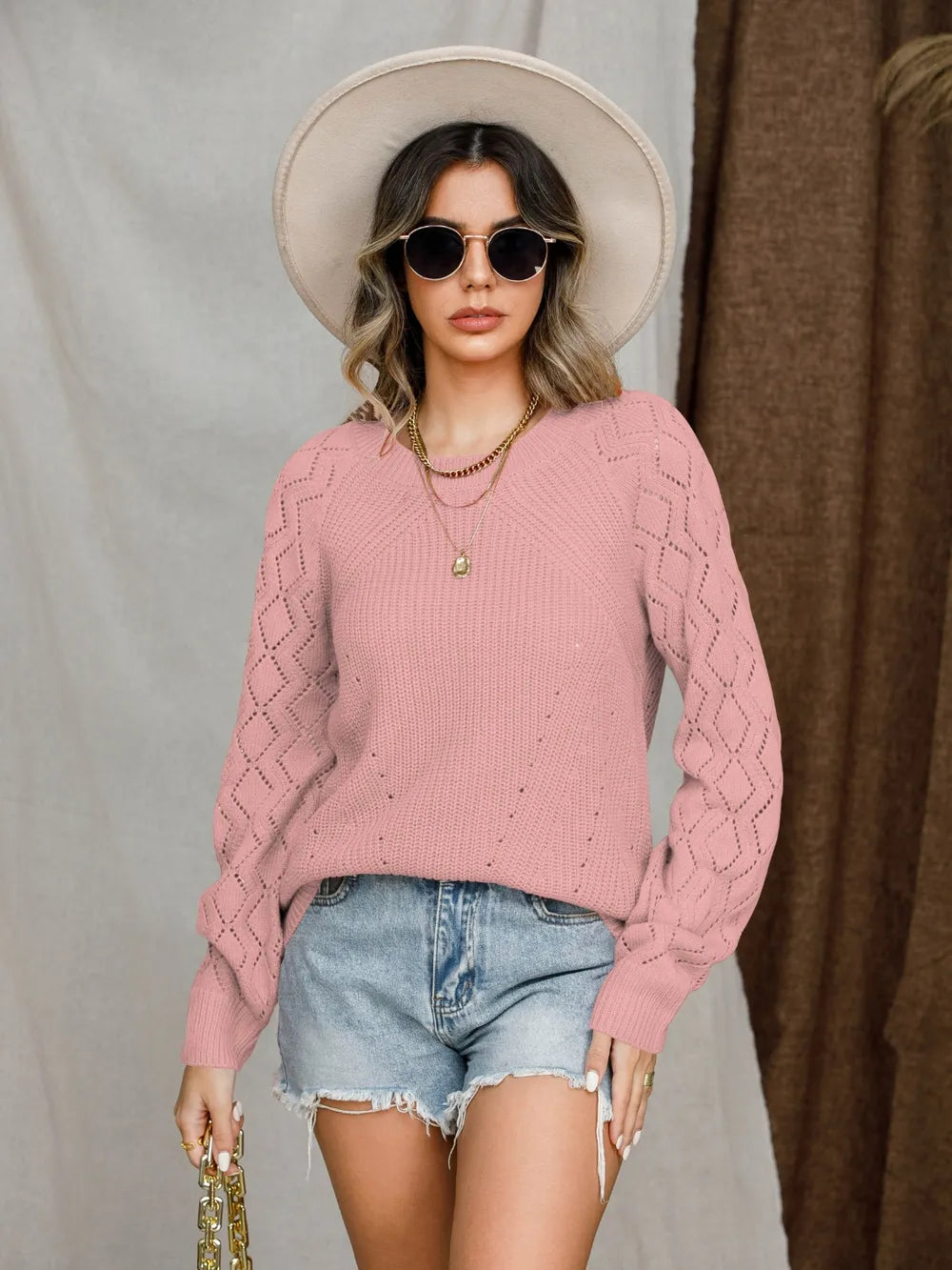 Openwork Round Neck Raglan Sleeve Sweater (20)