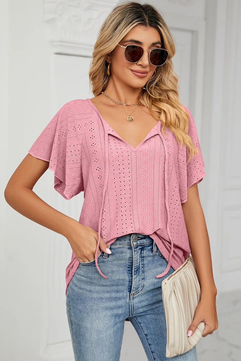 Eyelet Tie Neck Flutter Sleeve Blouse (9)