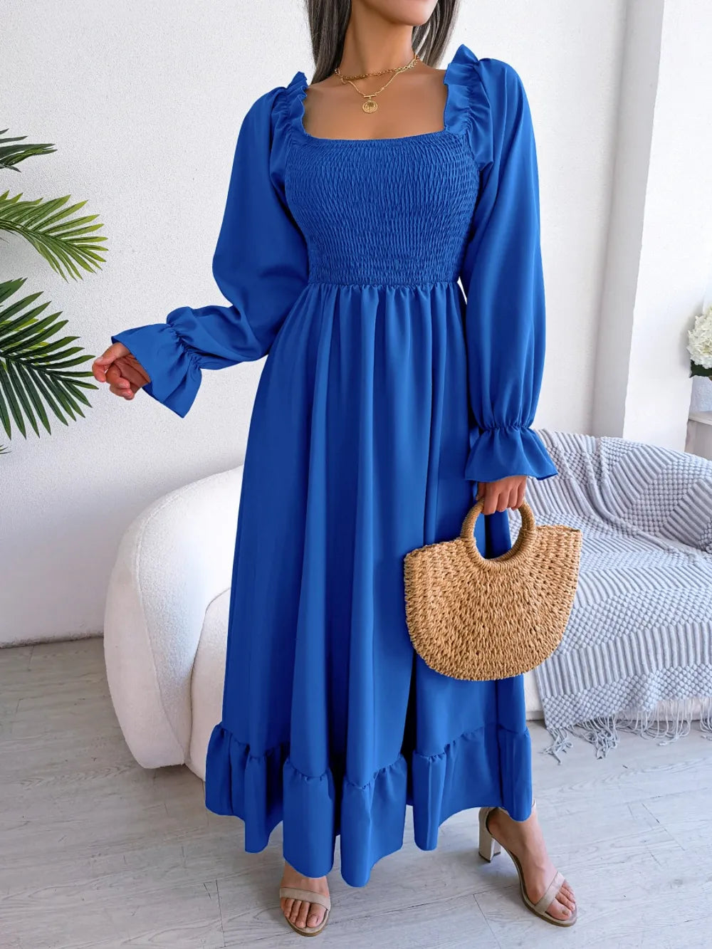 Smocked Square Neck Flounce Sleeve Dress (31)