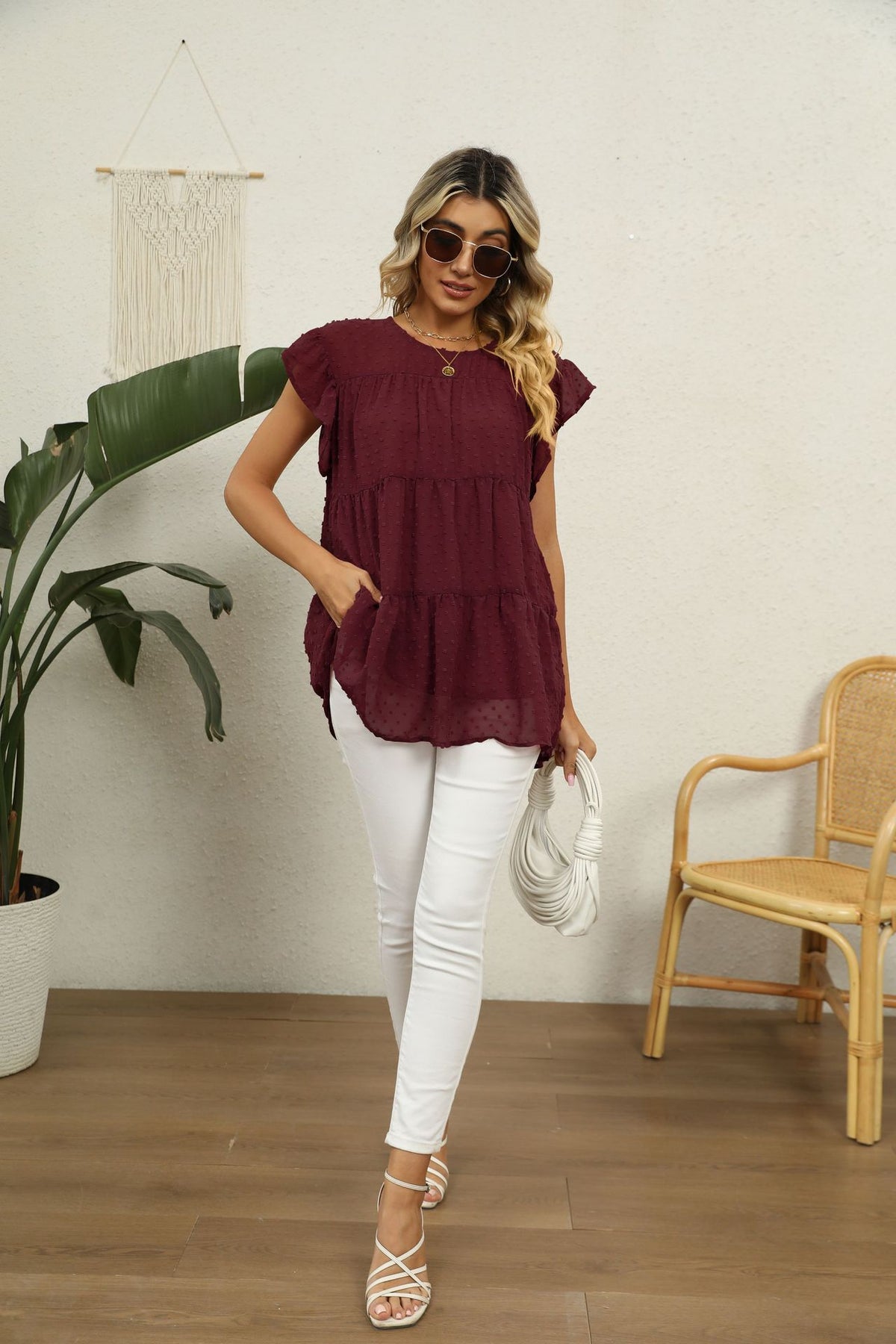 Swiss Dot Round Neck Tiered Blouse (17)