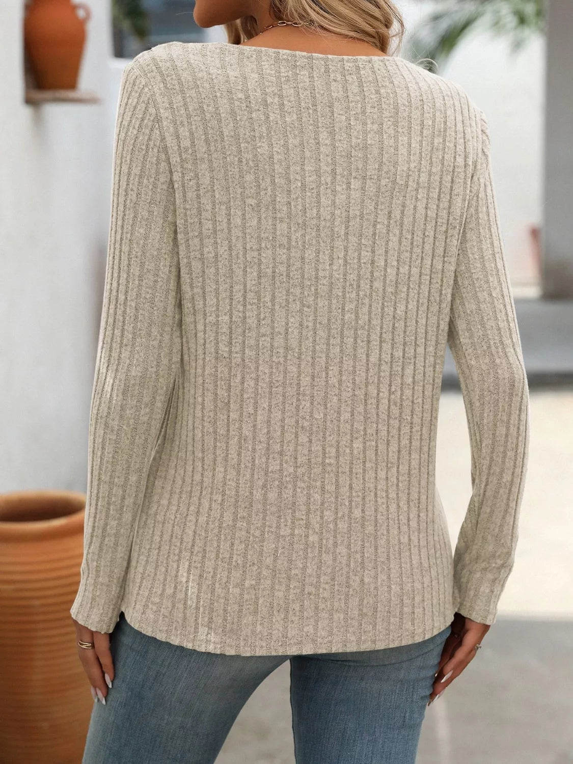 Ribbed Knit Long Sleeve Button Detail T-shirt (8)