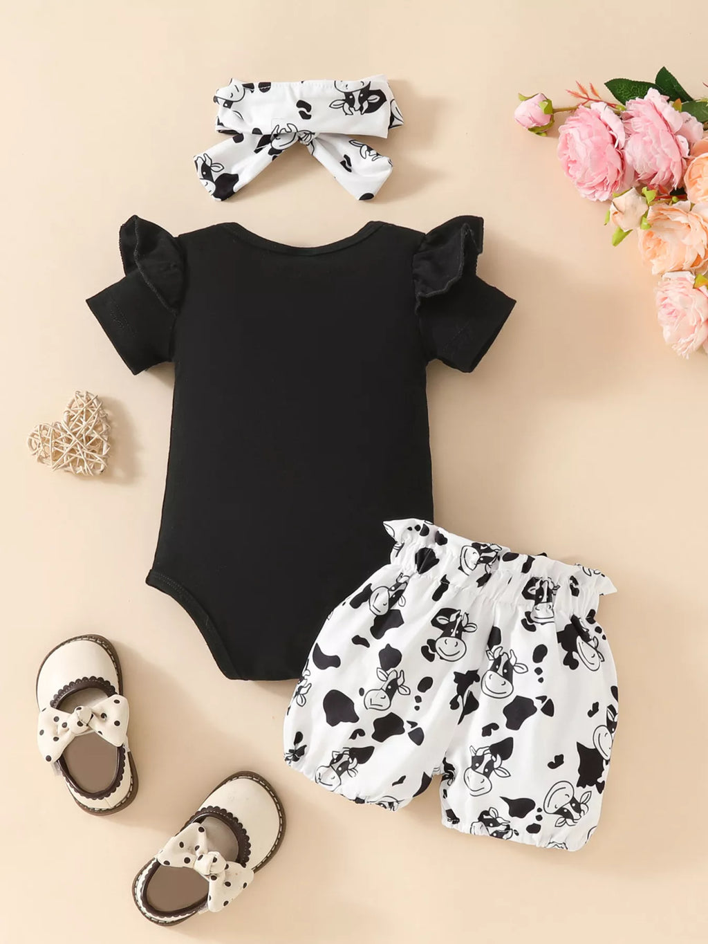 Children's Ruffled Cow Bodysuit Shorts Set Headband (10)