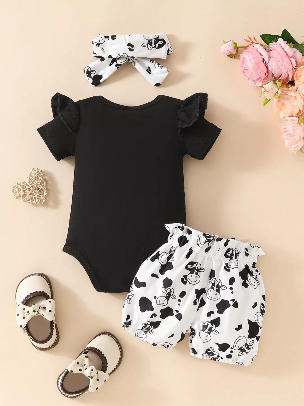 Children's Ruffled Cow Bodysuit Shorts Set Headband (10)