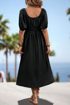 Square Neck Smocked Waist Puff Sleeve Midi Dress (8)