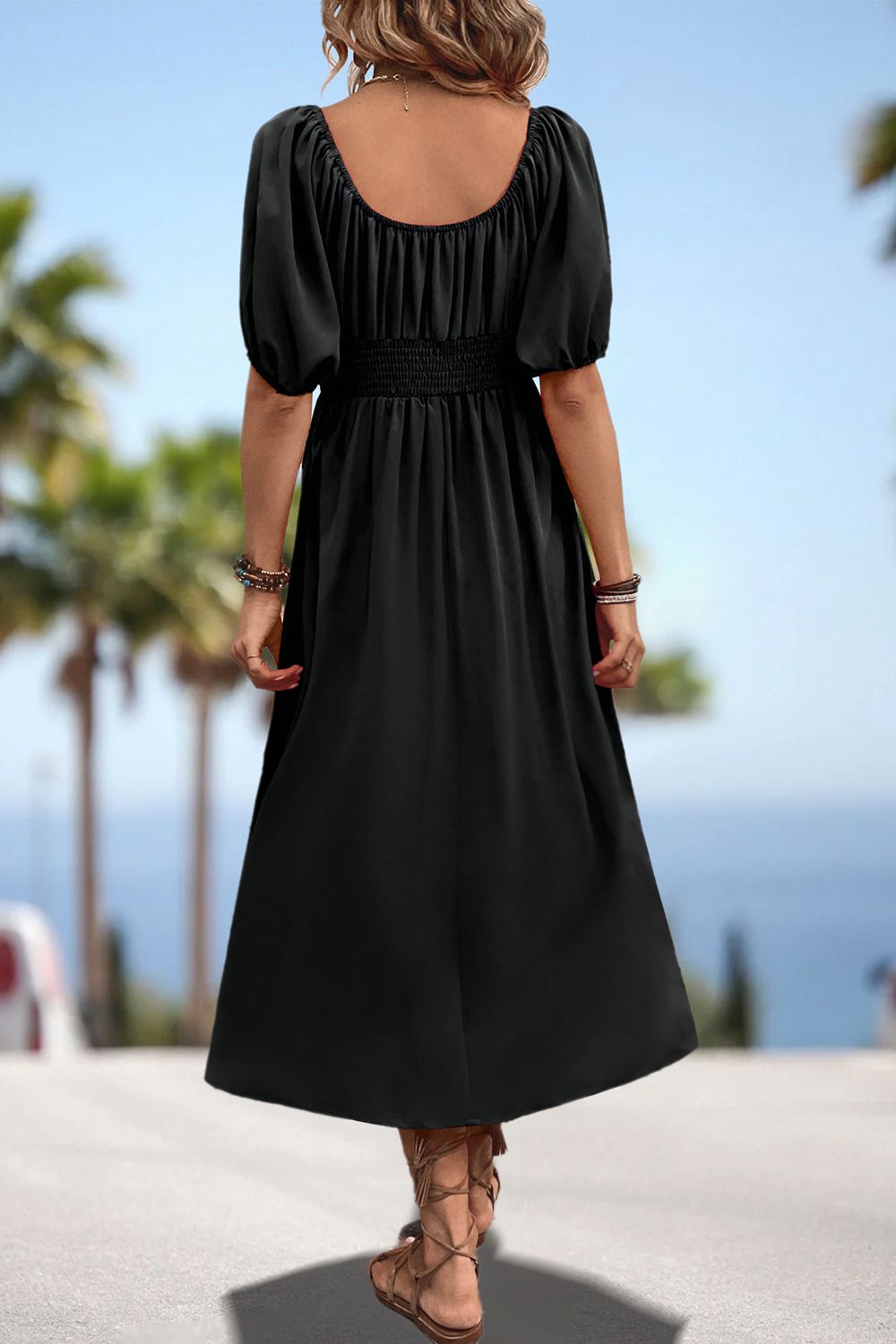 Square Neck Smocked Waist Puff Sleeve Midi Dress (8)