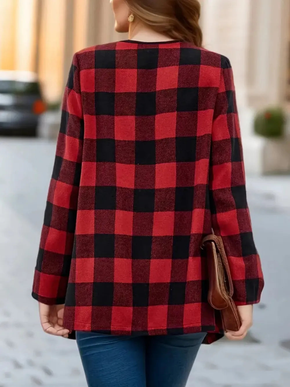 Plaid Open Front Long Sleeve Jacket (2)