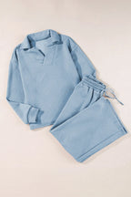 Textured Collared Neck Top Wide Leg Pants Set (6)