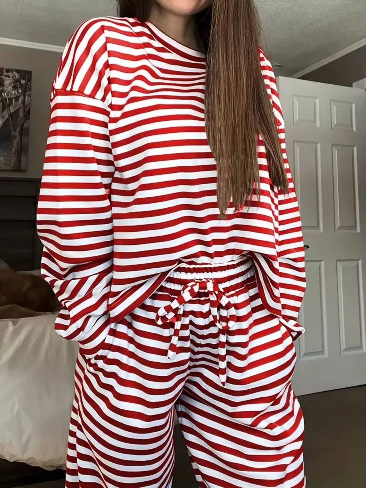 Striped Round Neck Top Pants Set (10)