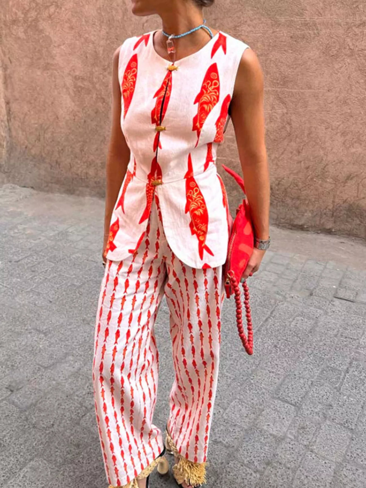 Fish Print Sleeveless Top Pants Set (9)