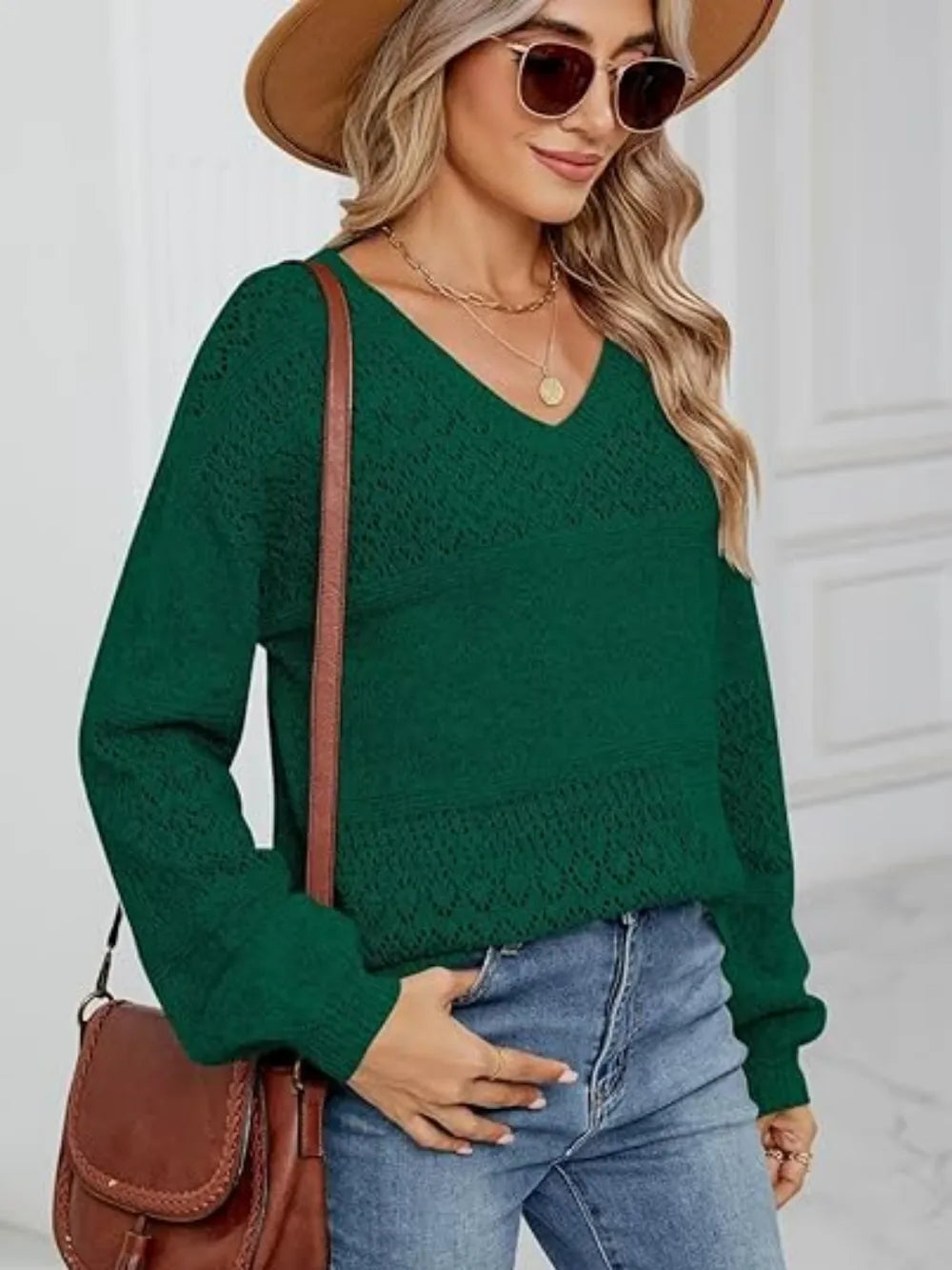 Eyelet V-neck Long Sleeve Sweater (6)