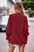 Swiss Dot Notched Neck Flounce Sleeve Blouse (18)