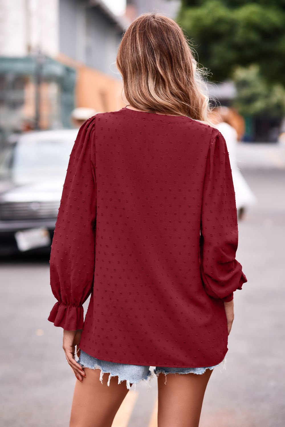 Swiss Dot Notched Neck Flounce Sleeve Blouse (18)