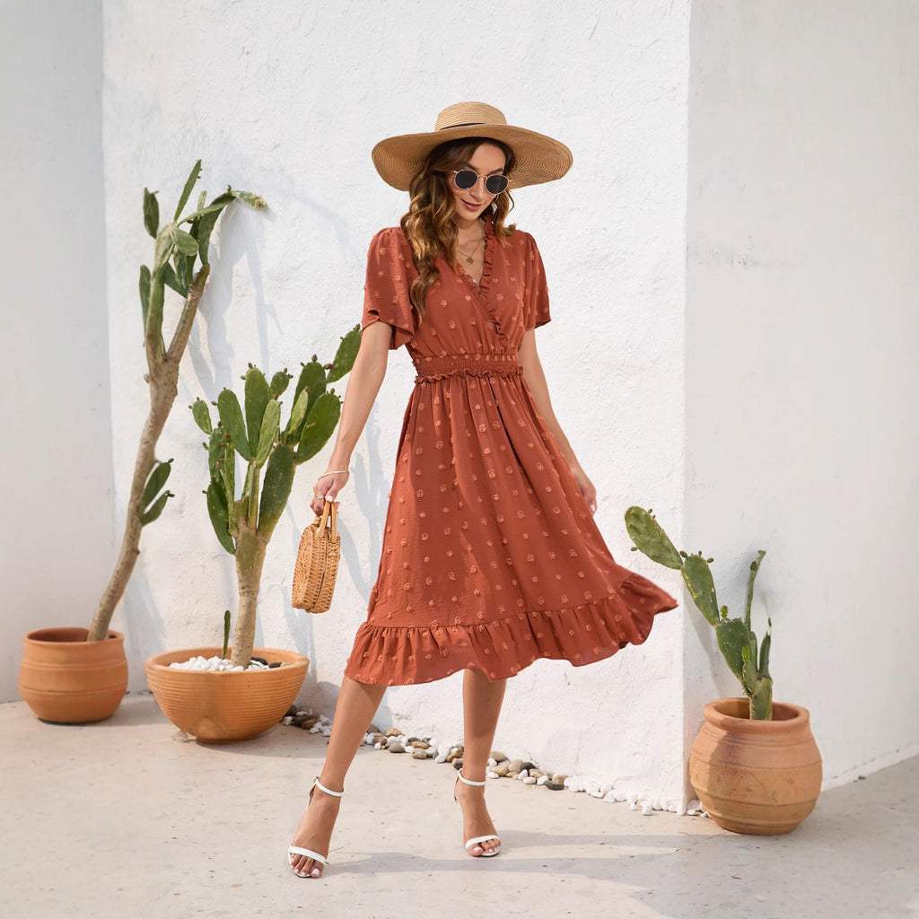 V-neck High Waist Tied Dress Fur Ball Short Sleeve photo 3