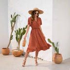 V-neck High Waist Tied Dress Fur Ball Short Sleeve photo 3