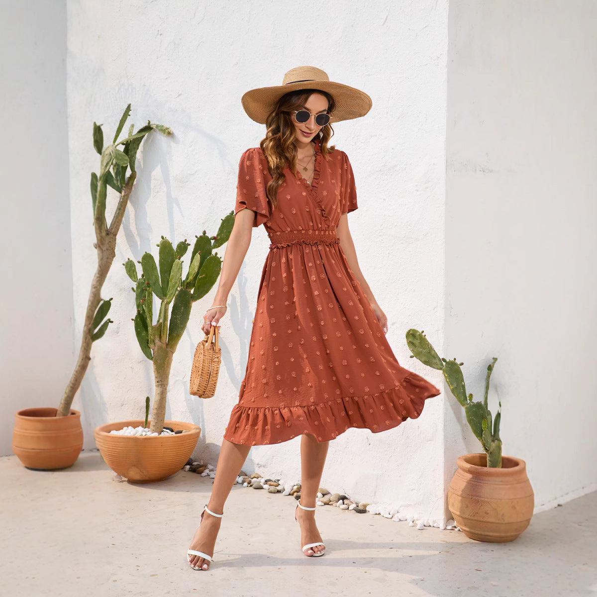 V-neck High Waist Tied Dress Fur Ball Short Sleeve photo 3