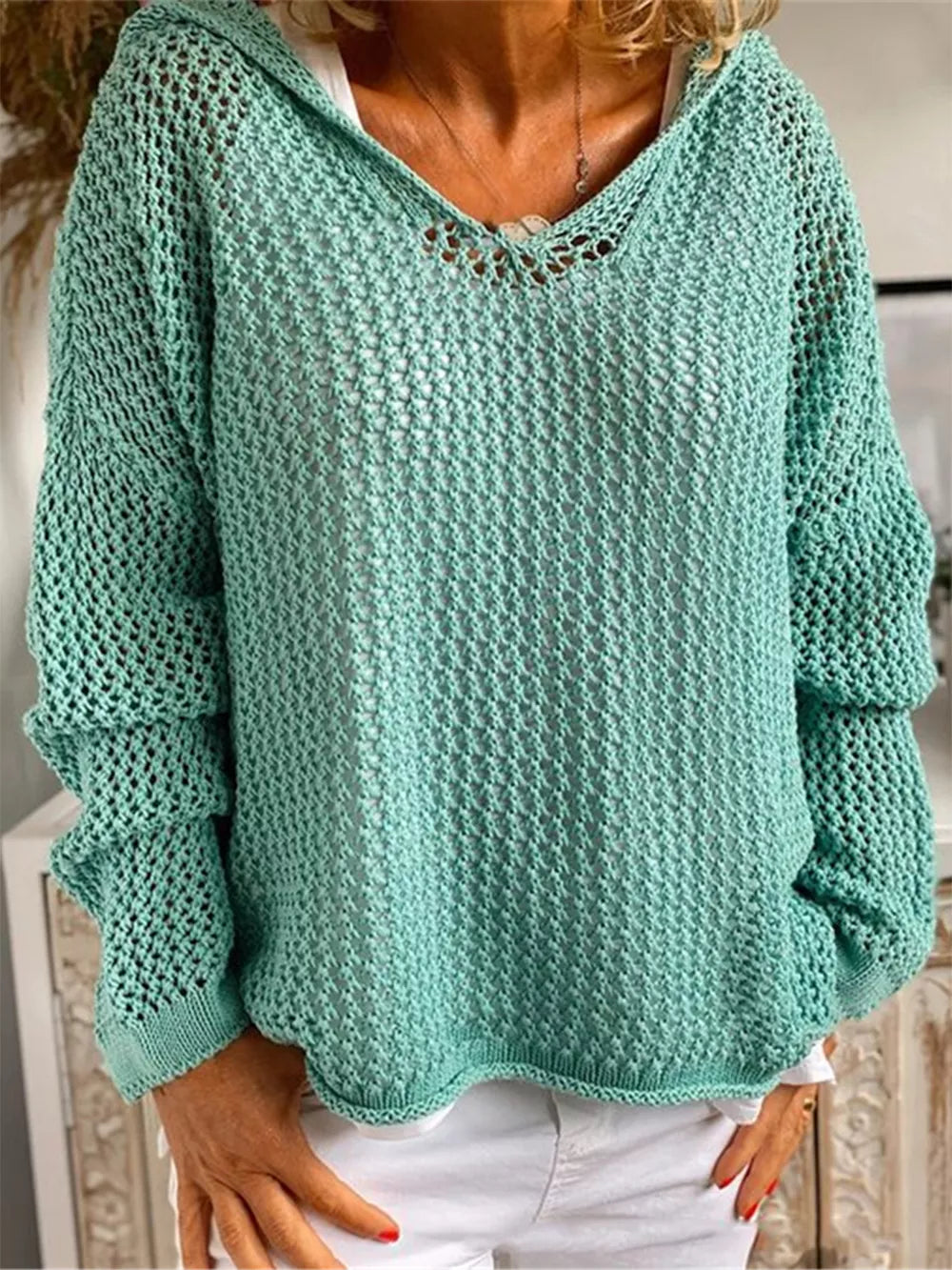 Openwork Hooded Long Sleeve Sweater (5)