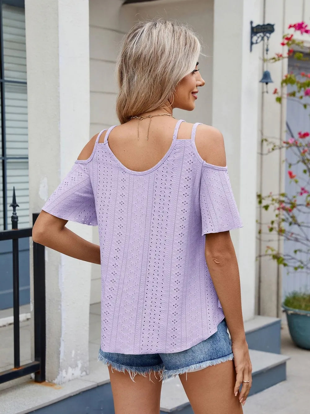 Round Neck Cold Shoulder Eyelet T-shirt (24)