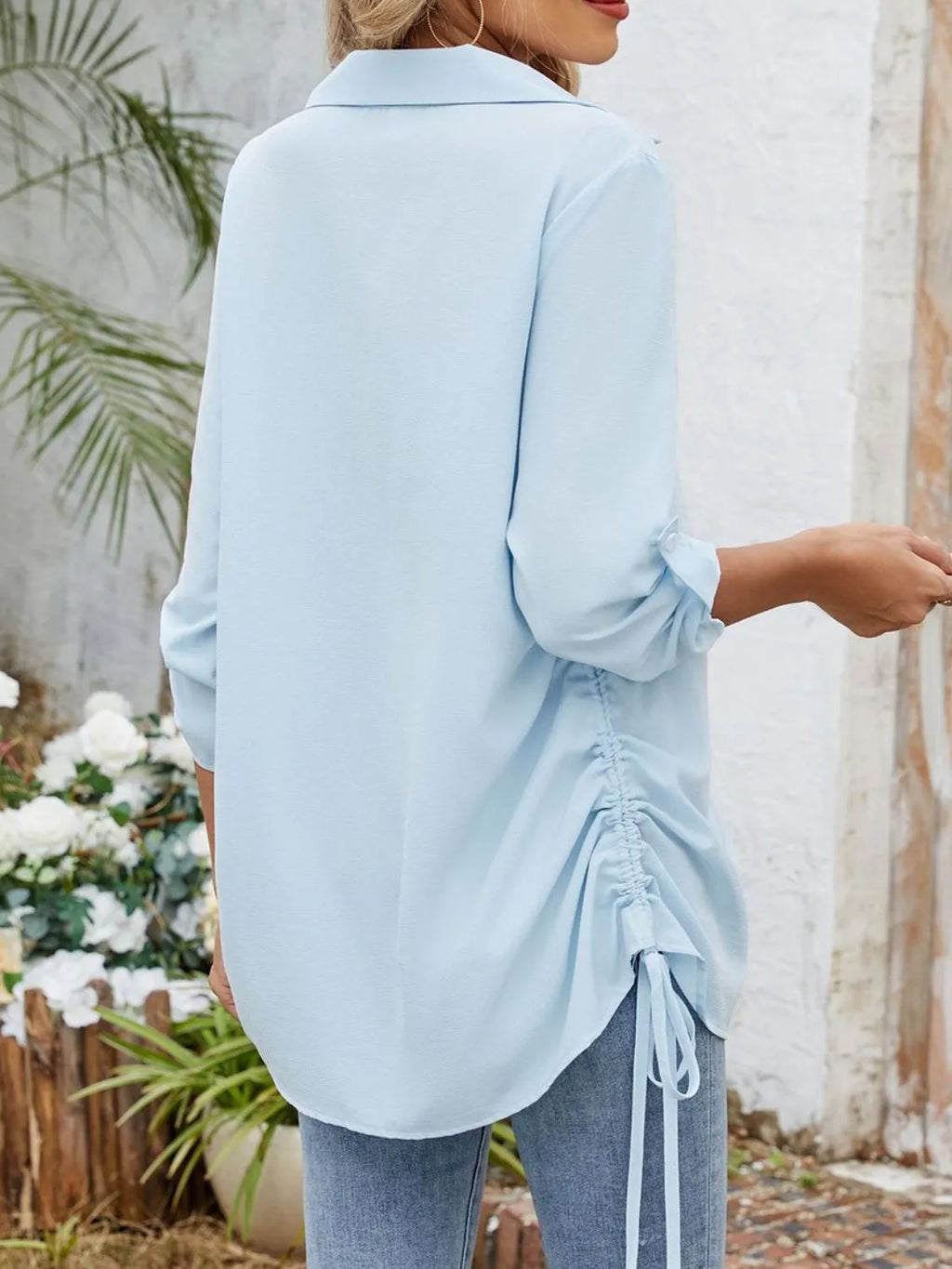 Drawstring Johnny Collared Three-quarter Sleeve Top (12)