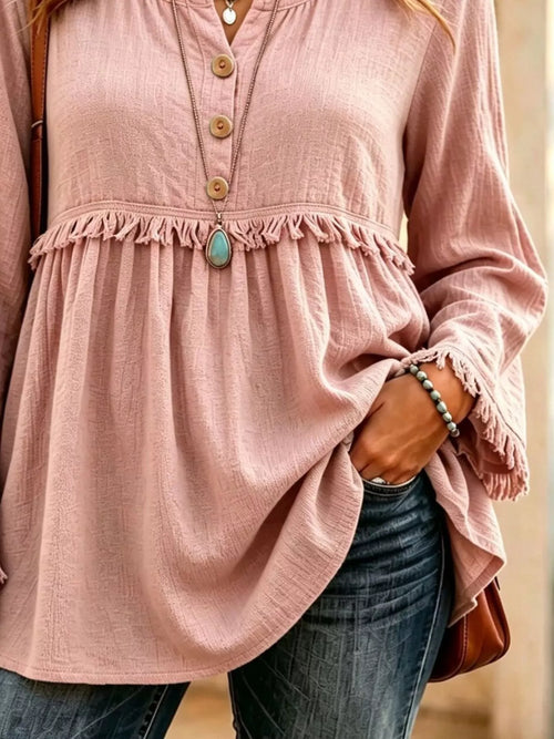Button-down Detail Fringed Hem Blouse (2)