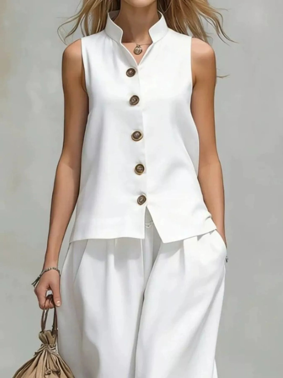 Sleeveless Button-down Top Wide-leg Pant Set (4)