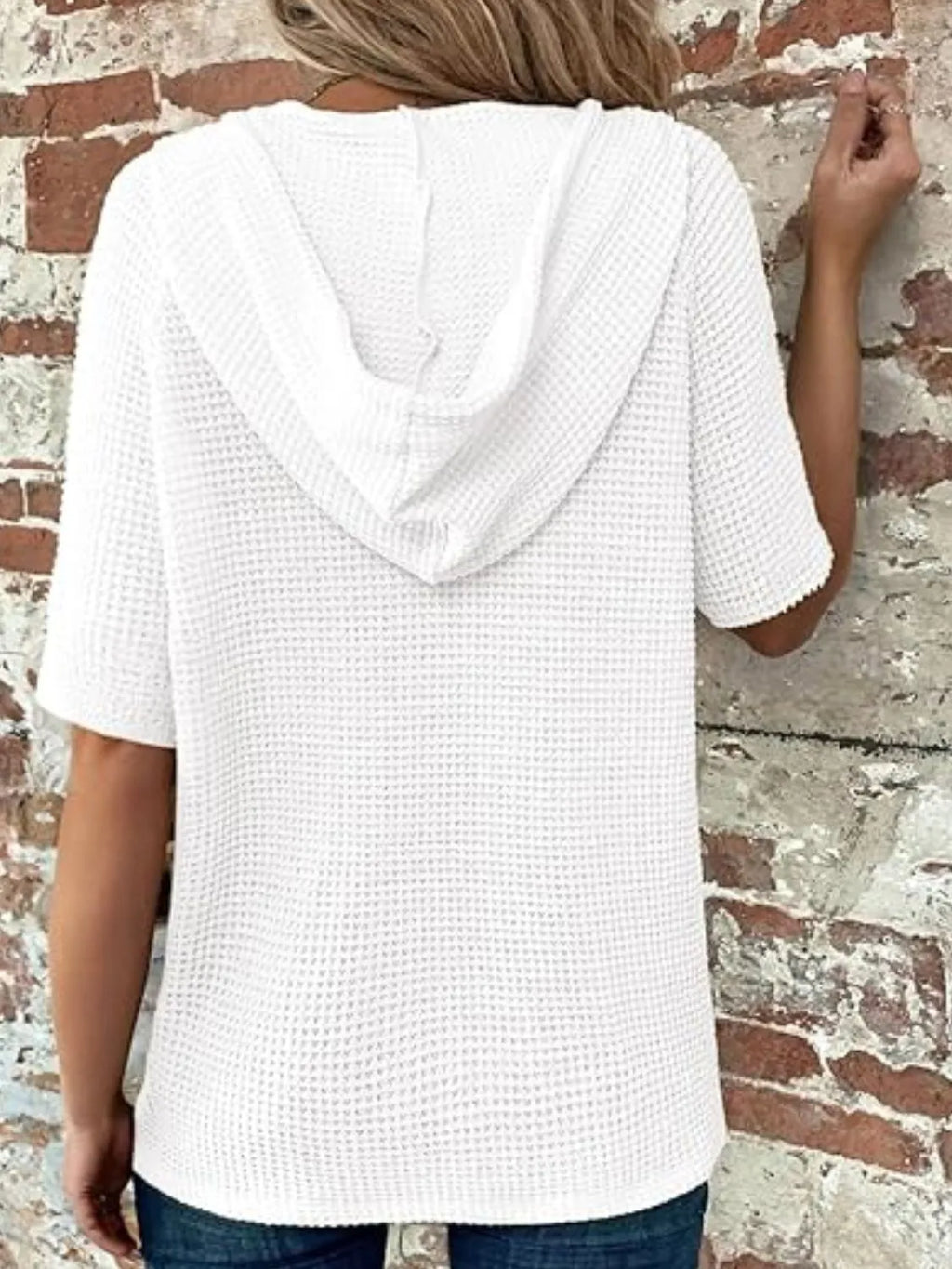 Drawstring Waffle-knit Short Sleeve Hooded Top (2)