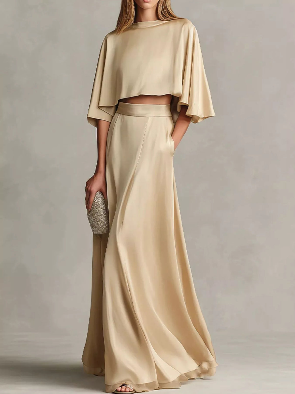 Full Size Satin Crop Top Maxi Skirt Two-piece Set Plus