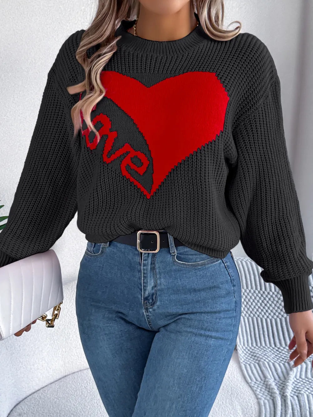 Love Heart Round Neck Dropped Shoulder Sweater (17)
