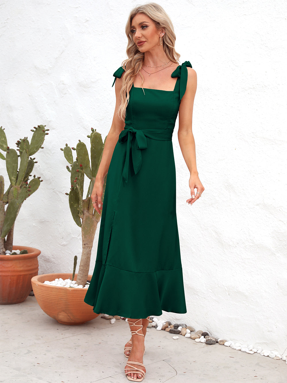 Square Neck Tie Strap Midi Dress (4)