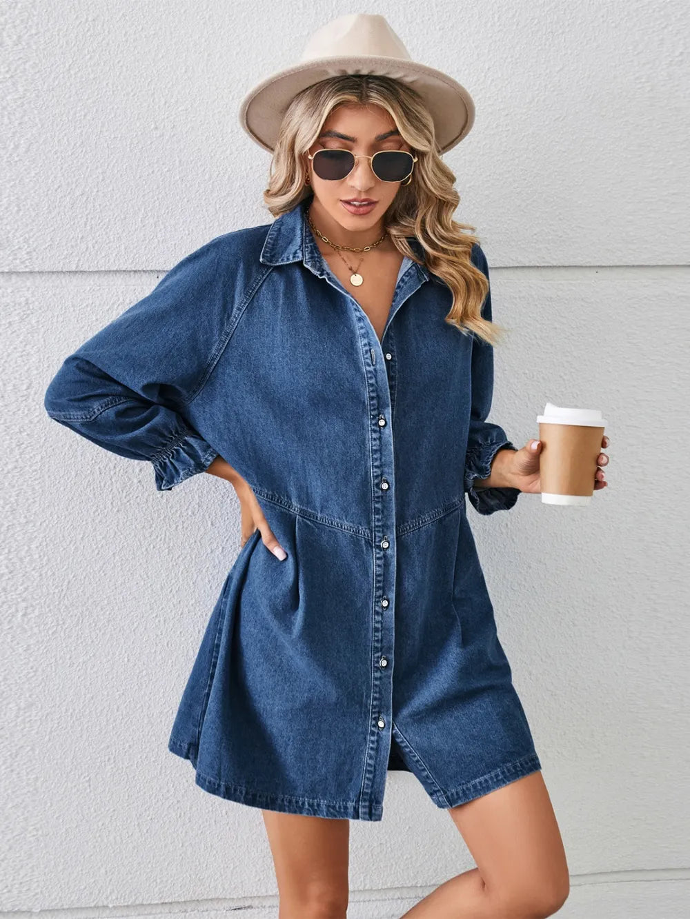 Button Up Flounce Sleeve Mini Denim Dress (8)