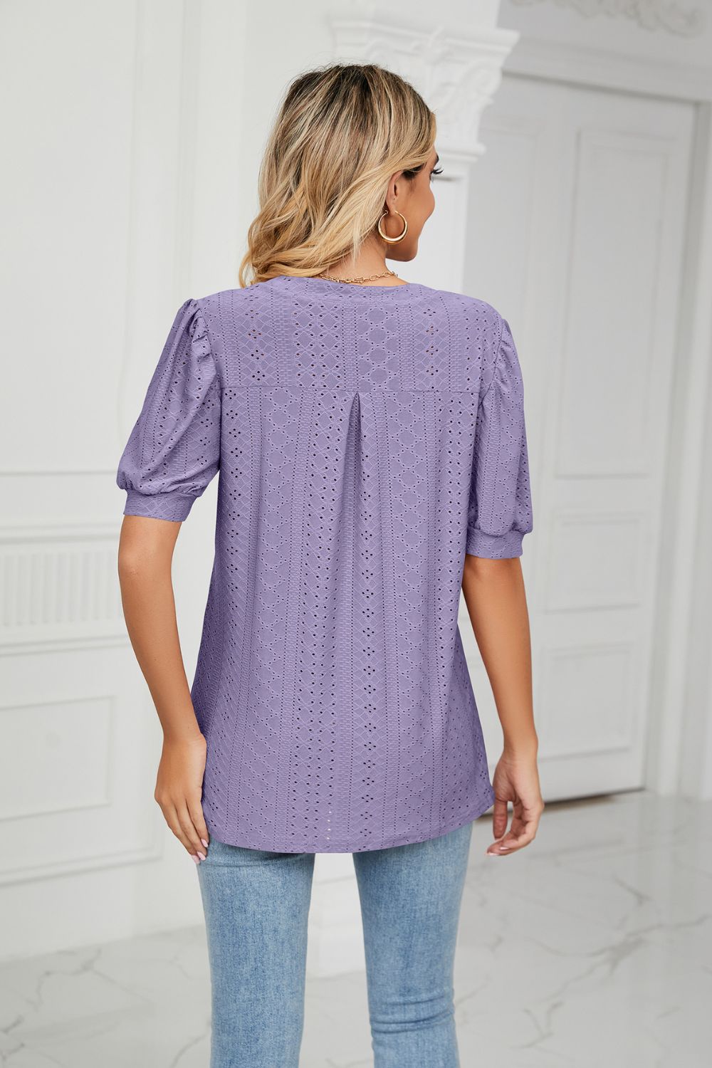 Eyelet Short Puff Sleeve Notched Neck Top (22)