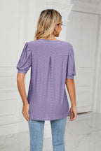 Eyelet Short Puff Sleeve Notched Neck Top (22)