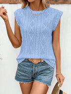 Eyelet Round Neck Cap Sleeve Top (9)