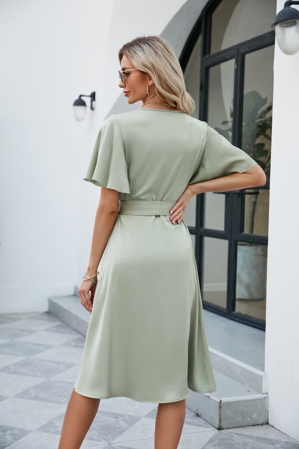Tie Waist Flutter Sleeve Surplice Dress (2)