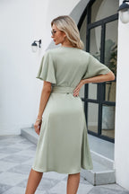Tie Waist Flutter Sleeve Surplice Dress (2)