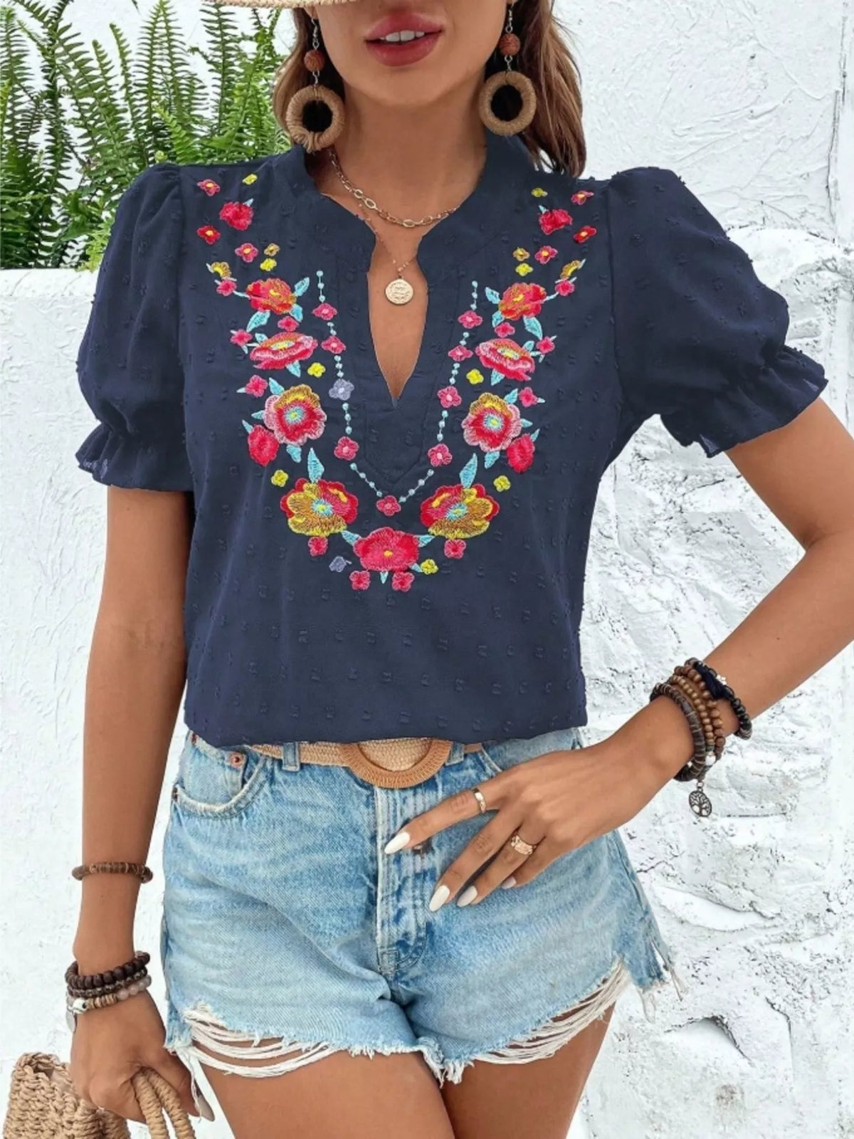 Floral Embroidered Puff Sleeve Blouse (5)
