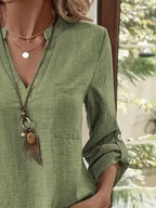 Casual V-neck Roll-sleeve T-shirt Pocket (12)