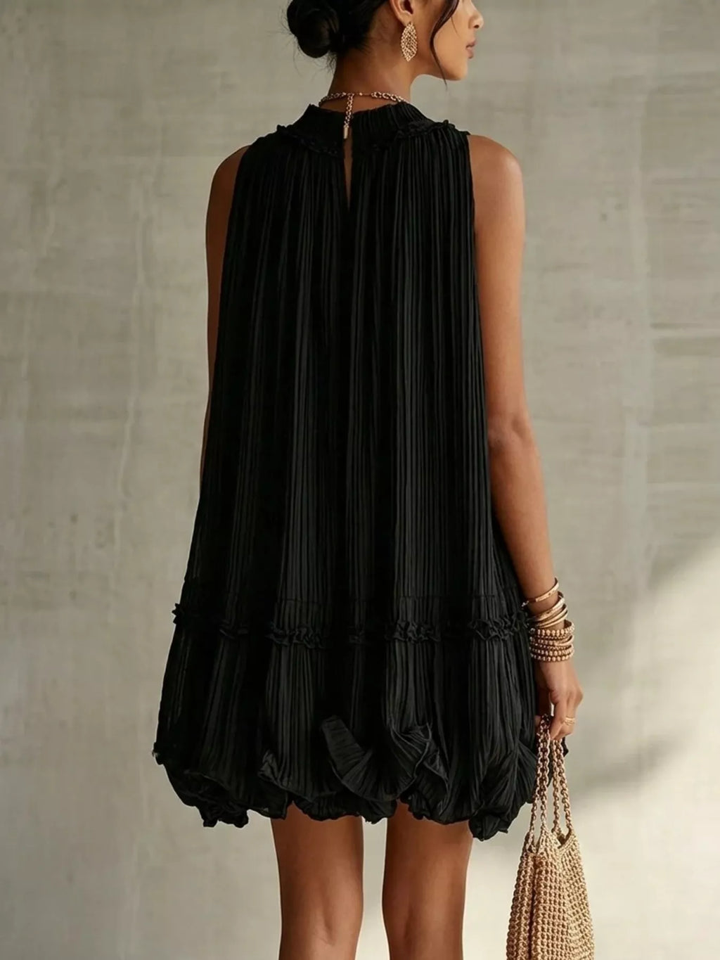 Pleated Mock Neck Sleeveless Mini Dress (8)