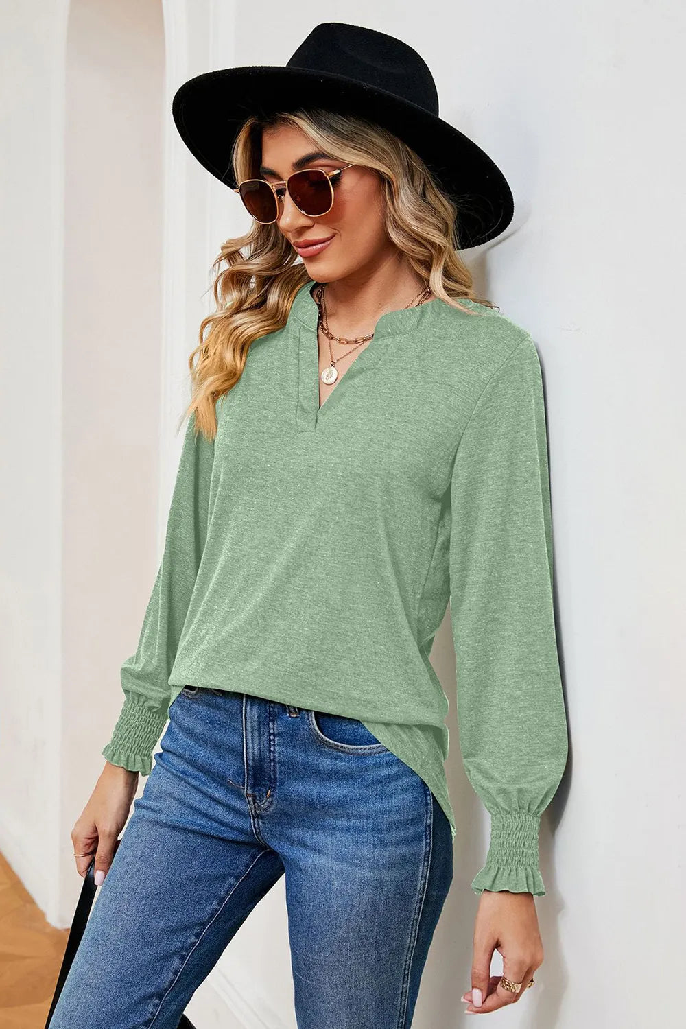 Notched Lantern Sleeve T-shirt (11)