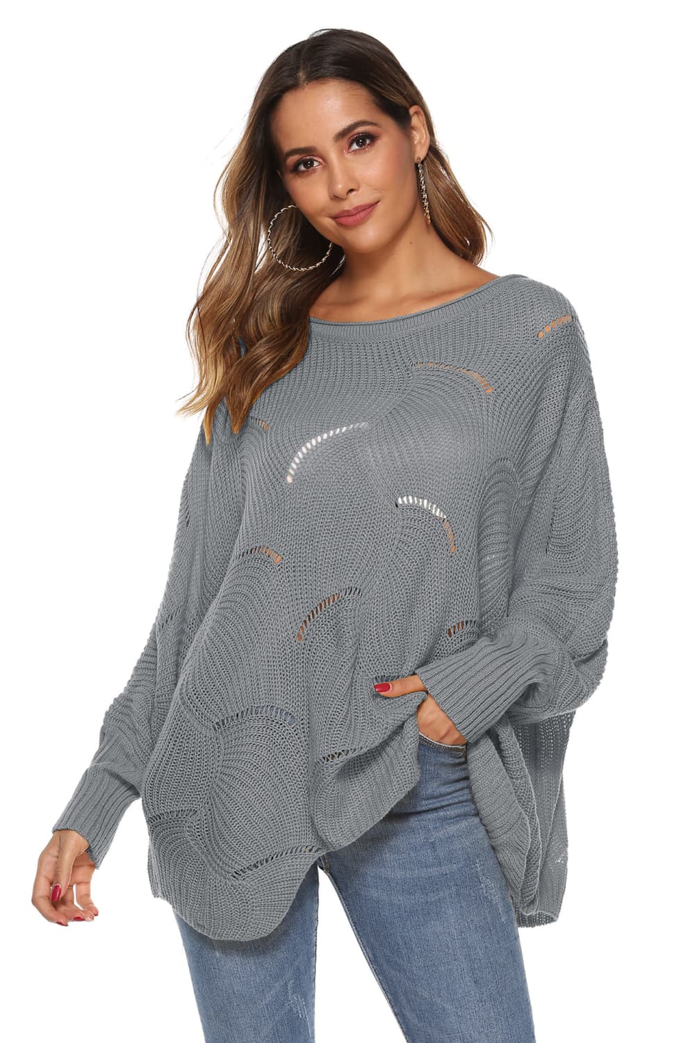 Round Neck Long Sleeve Openwork Sweater (5)